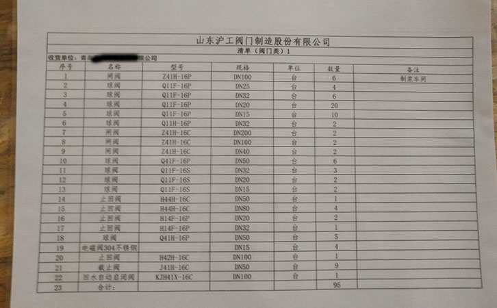 山东沪工阀门制造发货通知-青岛某公司